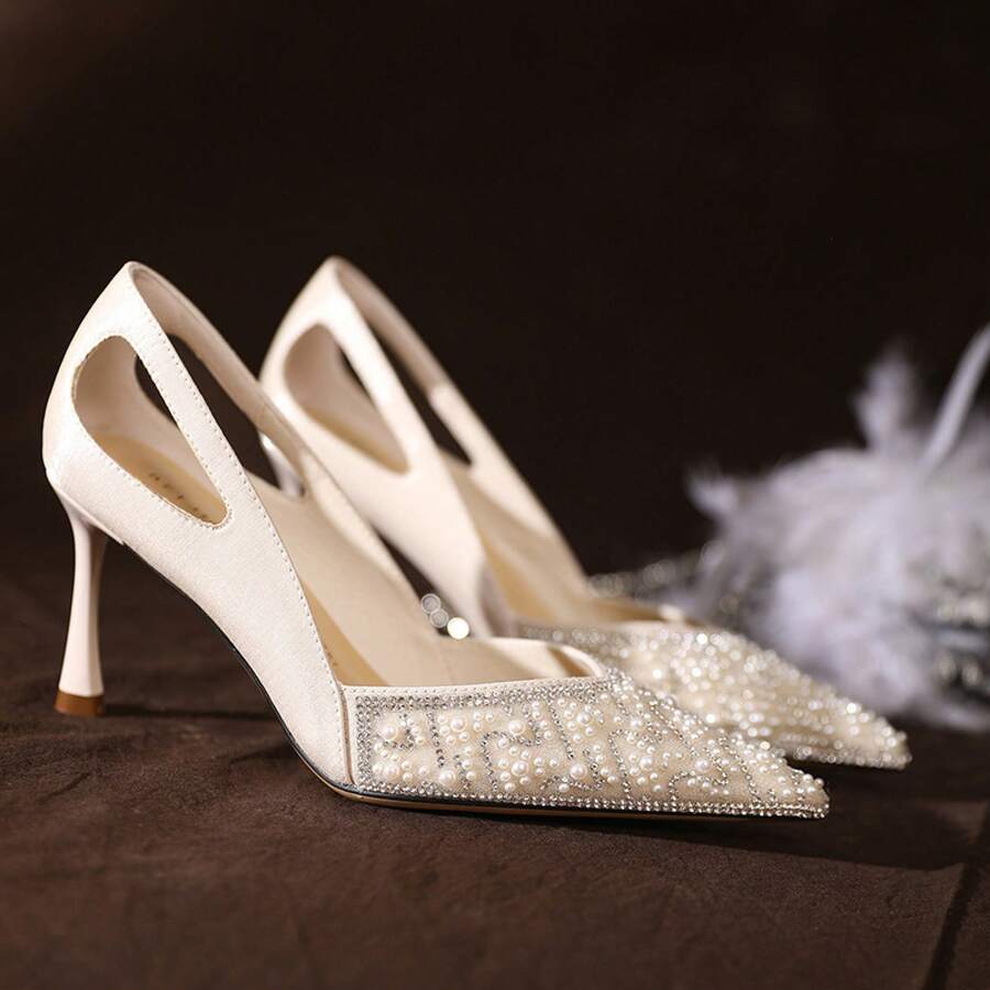 3389-32 Rhinestone Pearl Xiuhe High Heel Wedding Senior Brides Maid Tired Wedding Bride Wedding Shoes Single Shoes - 白色 - 查看 1