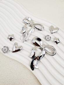 8pcs Set Fashionable Silver Large Bow Asymmetrical Heart DIY Accessories, Shoe Decor, Suitable For Slippers, Sandals, Shoelace Decoration - Silver - View 6