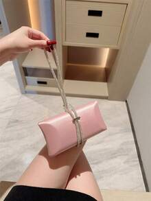 女士时尚水钻装饰缎面盒状手拿包晚宴包、正式派对包、迷你圣诞舞会手提包 - 粉色 - 查看 6