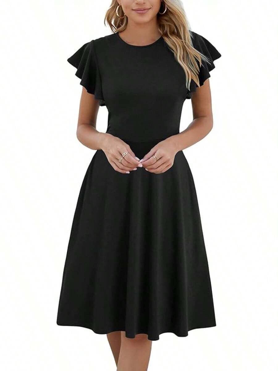 Women's Semi-Formal Ruffle Sleeve V-Back Work Fit And Flare Cocktail Knee Length Dress With Pockets, 2025 Style - 黑色 - 查看 1