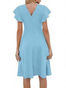 Women's Semi-Formal Ruffle Sleeve V-Back Work Fit And Flare Cocktail Knee Length Dress With Pockets, 2025 Style - 天藍色 - 查看 2