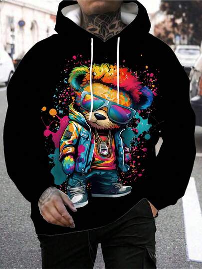Sudadera casual con capucha con estampado de oso de peluche en las mangas y cordón para hombres, gafas de sol 3D, otoño e invierno