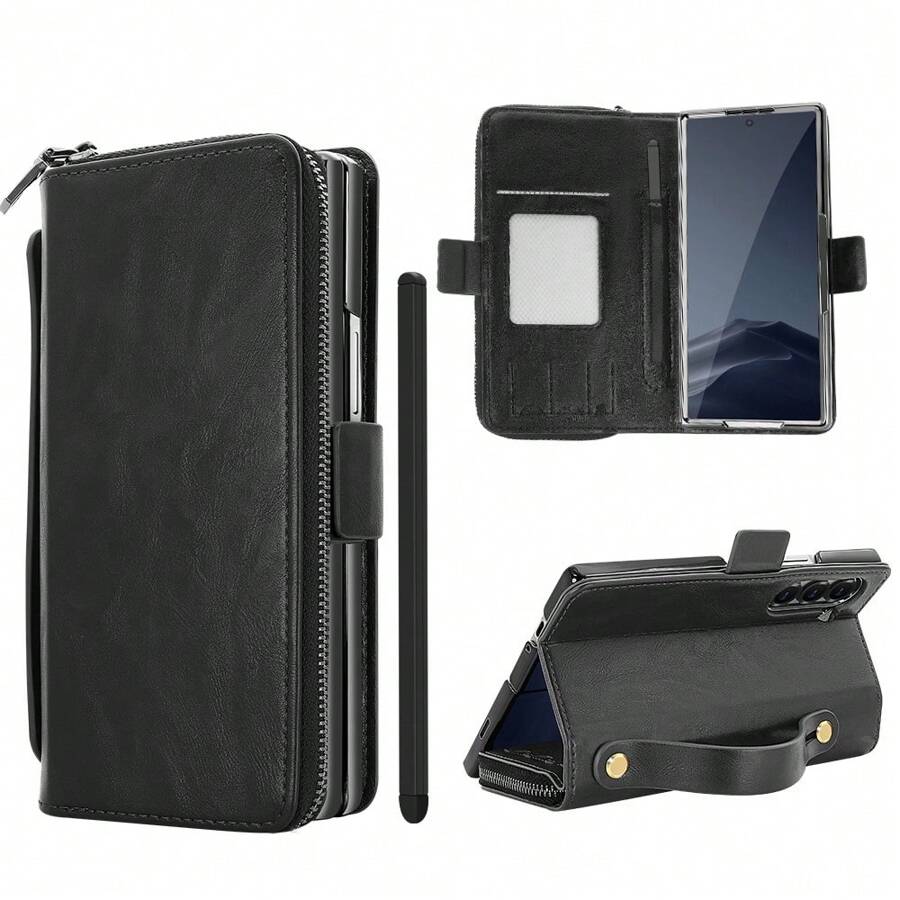 VIETAO Pulsera multifuncional con cartera con cremallera, bolsa para teléfono, estuche de móvil de piel sintética compatible con Samsung Galaxy Z Fold 4 5 6 7, soporte de mano, correa protectora