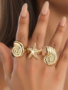3pcs Women's Fashion Personalized Retro Oceanic Metal Seashell & Starfish Accessory, Suitable For Daily Wear