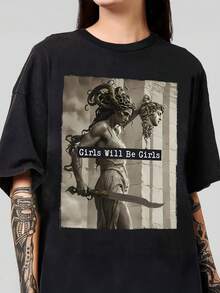 女士夏季“女孩就是女孩”图案印花圆领短袖简约休闲日常大码T恤上衣，美杜莎T恤配珀尔修斯头像，女权主义T恤，女性赋权T恤，黑色 - 黑色 - 查看 1