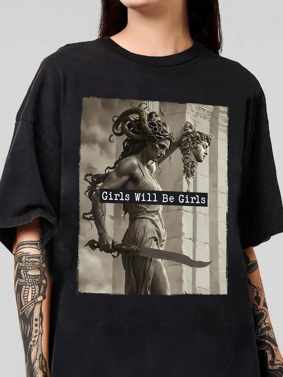 女士夏季“女孩就是女孩”图案印花圆领短袖简约休闲日常大码T恤上衣，美杜莎T恤配珀尔修斯头像，女权主义T恤，女性赋权T恤，黑色 - 黑色 - 查看 1