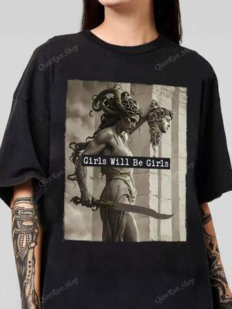 Zomermeisjes zullen meisjes zijn, grafische print, ronde hals, korte mouwen, eenvoudig, casual, alledaags, plus size T-shirt, Medusa T-shirt met Perseus-hoofd, feminisme T-shirt, vrouwen empowerment T-shirt