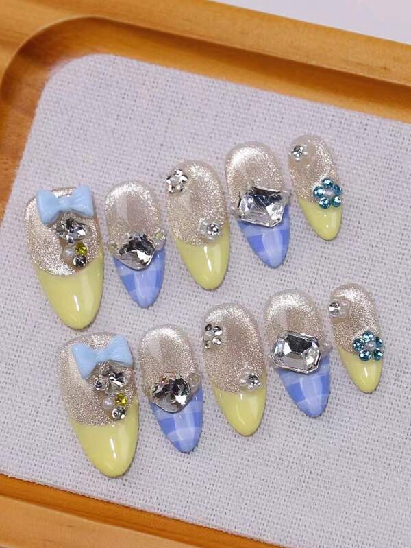 10pcs/Set Handmade High-End Checker Pattern Colorful Nail Sticker, Wearable Nail Art, Spring/Summer Style, Removable & Suitable For Women As Gift