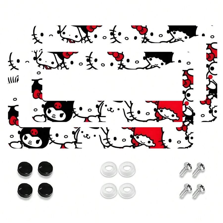 2pc Red And White Cartoon Pattern 2 Hole License Plate Frame, Aluminum Material, 6x12 Inches, With Screw Set, Fun Car Decoration, Retro Design, American Car License Plate Standard Universal Size - 12x6英寸 - 查看 1