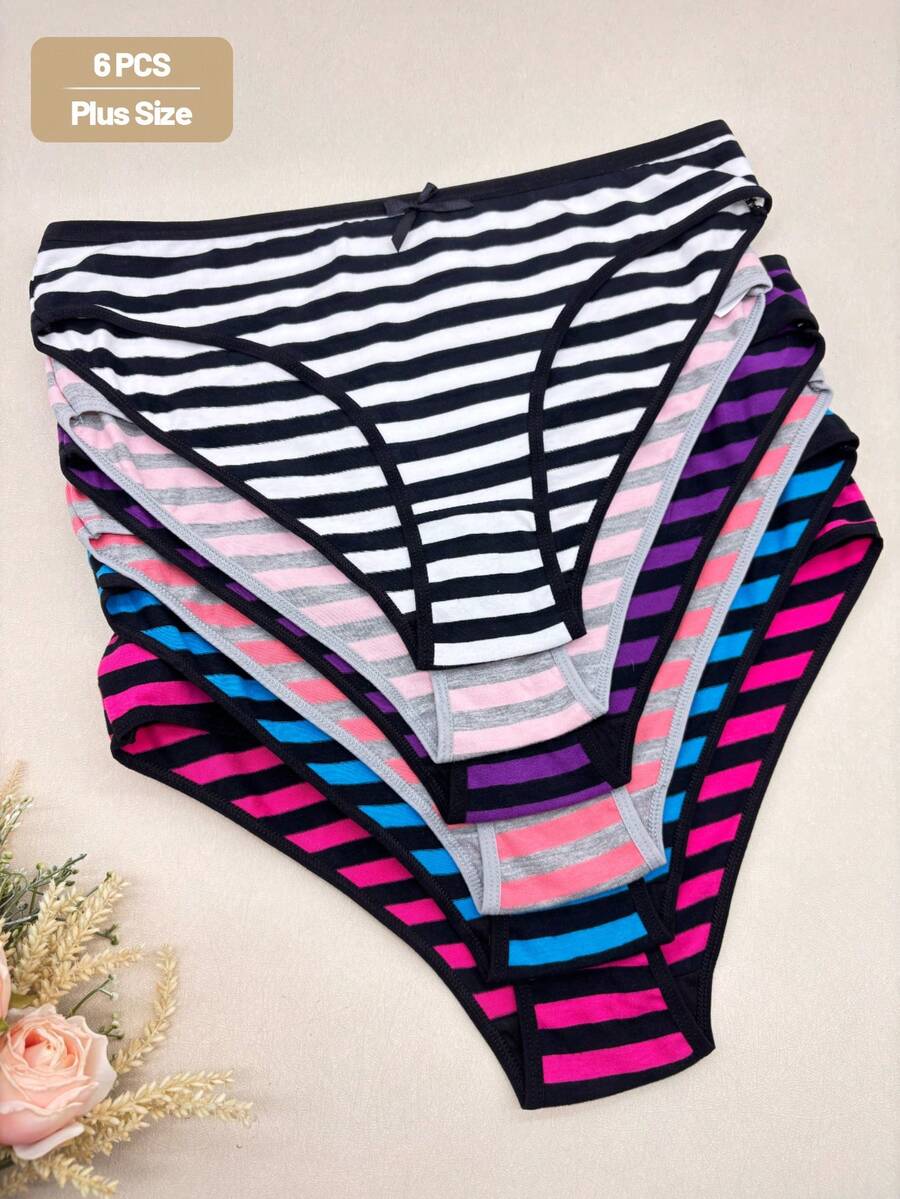 Teowryxou 6pcs/Pack Plus Size Women's Underwear, Comfortable & Breathable, Striped Tie-Front Hipster Panties, Snug Fit & Stylish - 彩色 - 查看 1