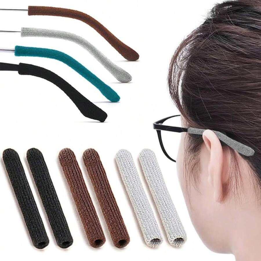 3 Pairs Eye Glasses Ear Grippers, Soft Knitting Cotton Arm Cushion Glasses Behind Ear, Anti Slip Eye Glass Ear Grips, Non Slip Ear Pads Glasses, Eyeglasses Temple Tips Pain (BLK&BRN&Gry) - 3 Pairs - Mixed Black & Grey & Brown - View 1