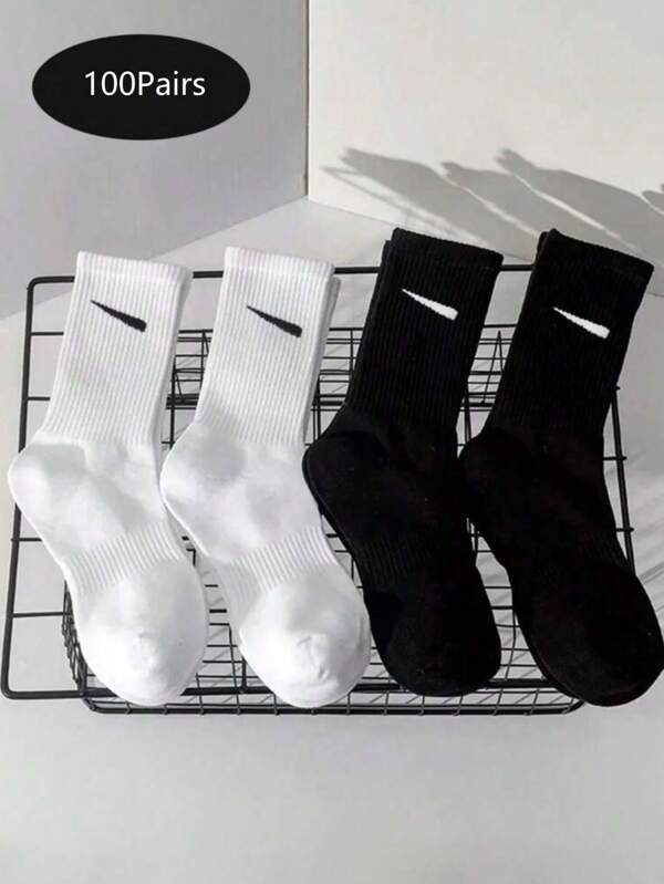 100 pares de calcetines deportivos transpirables para hombres, calcetines deportivos exteriores de alta elasticidad con estampado de letras a la moda, cómodos, transpirables, anti-olor y antibacterianos, adecuados para la vida cotidiana de los hombres. Calcetines deportivos transpirables y que absorben la humedad para correr, gimnasio, baloncesto - Calcetines de tripulación acolchados antideslizantes