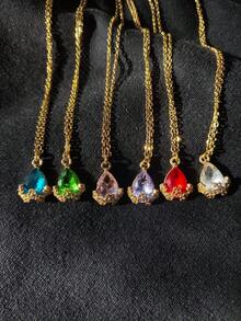 Water Drop Pendant Necklace Zirconia Flower Stainless Steel Chain Gold Choker Women Fashion Elegant Delicate Gift - 綠色 - 查看 5