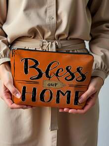 1pc Autumn Pumpkin Sunflower Maple Leaf Bow Carving Letter & Linen Print Makeup Bag, Cute Travel Cosmetic Bag & Multipurpose Coin Purse, Convenient Gift For Women