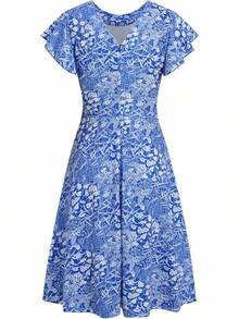 Women's Semi-Formal Ruffle Sleeve V-Back Work Fit And Flare Cocktail Knee Length Dress With Pockets, 2025 Style - 皇家花卉 - 查看 3