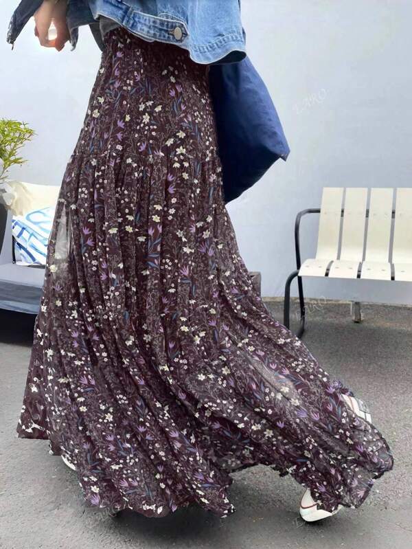 Women Navy Blue Floral High Waist Loose Casual A-Line Skirt