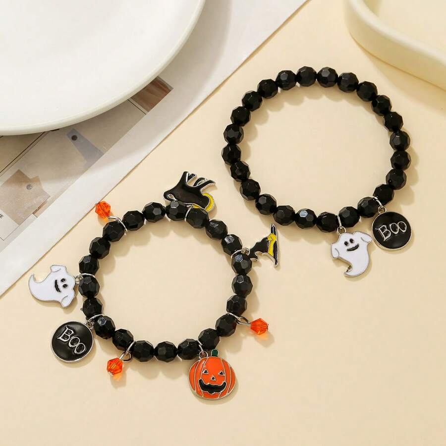 Halloween Acrylic Pumpkin, BOO, Ghost Charm Stretch Bracelet Set For Women & Girls, Party Favor Gift
