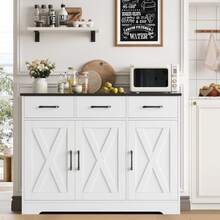 Aparador, armário de cozinha com 3 gavetas e 3 portas, buffet com bancada, para sala de jantar, sala de estar, madeira - Branco - Ver 3