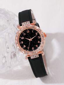 7pc Versatile Black Starry Sky Literal Quartz Digital Watch, Paired With Lucky Flower Necklace, Bracelet, Ring, Earrings And Jewelry Accessories Set, Is A Valentine's Day And Easter Gift For Women.