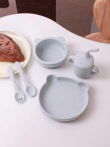 PopLittleOne 5PCS Silicone Baby Tableware Sets Solid Color Utensils Portable Sippy Cup Cartoon Bear Shape Plate Bowl Feeding Sets For Baby - Multicolor - View 6