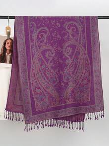 1件女士波西米亚风流苏提花围巾，佩斯利花纹披肩，羊绒石纹图案穆斯林头巾，值得赠送，适合所有季节日常外出穿着。 - T155 - 查看 14