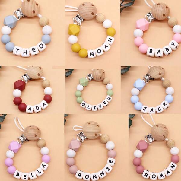 1 pieza Clip de chupete de silicona con letras personalizadas, Soporte de chupete personalizado con nombre, Correa antidesprendimiento, Letras en inglés personalizadas del 1 al 8, Esencial para bebés niños, Chupete recién nacido, Para madres de 0 a 3 meses, Accesorios para bebés de vuelta a la escuela