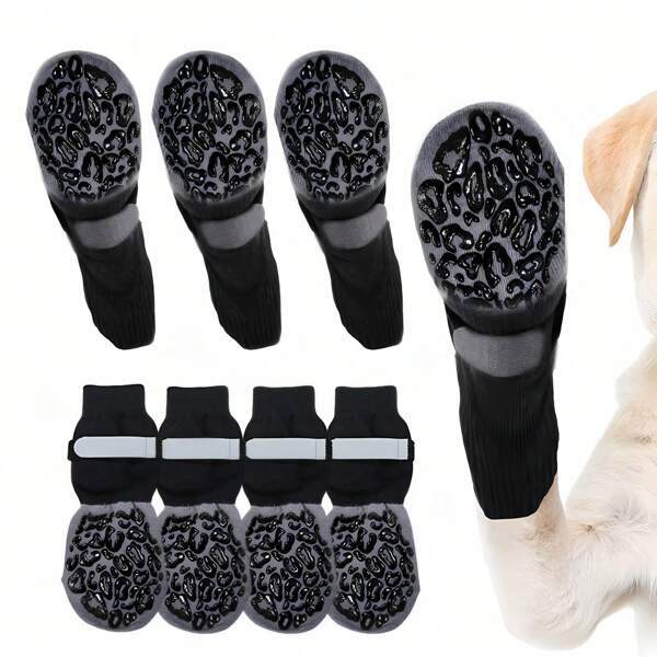 4 pares de meias antiderrapantes para cães, aderência forte, proteção para o chão e patas, material respirável, meias duráveis para cães