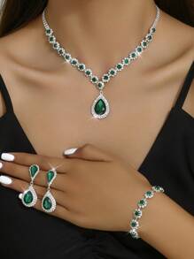 4pcs Bride Jewelry Set: Necklace, Earrings, Bracelet, Fully Rhinestone Waterdrop Floral Design For Women Evening Dress