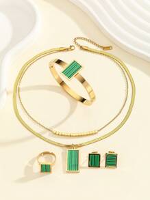 Juego de joyas de 5 piezas con collar de cadena de doble capa con cuentas cuadradas doradas de acero inoxidable, aretes, pulsera y anillo, accesorios de fiesta, juego de joyas de moda
