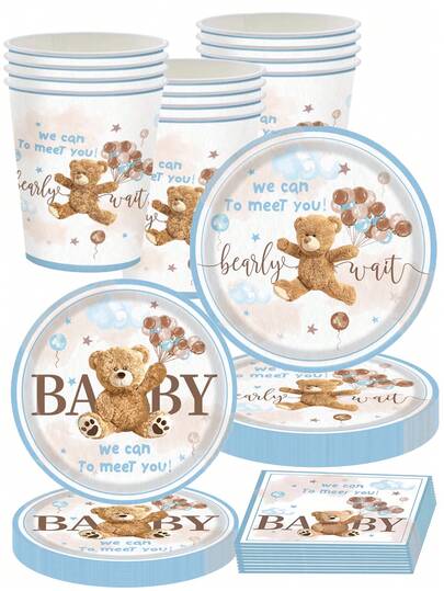 Baby Bear“Bearly Wait”一次性餐具套装 - 10 件 9/7 英寸盘子、9 盎司杯子和餐巾，适用于婴儿洗礼、生日派对装饰