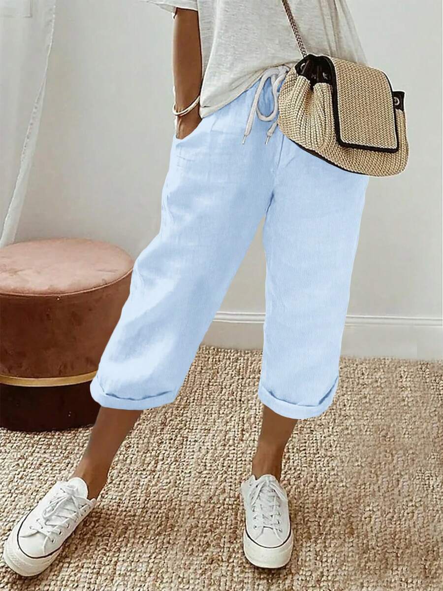 Plus Size Women's Solid Color Drawstring Elastic Waist Pleated Effect Fabric Blue Straight Leg Capri Pants, Versatile For Spring/Summer, Suitable For Vacation, Daily Wear And Home - Blue - View 1
