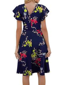 Vestido de cóctel de longitud hasta la rodilla con bolsillos, manga con volantes, escote en V en la espalda, ajuste entallado y vuelo, estilo 2025 para uso semiformal - Azul Rojo - Ver 2
