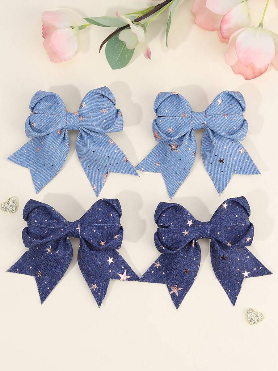 2/4 件蓝色牛仔蝴蝶结女童金色星星图案牛仔蝴蝶结发夹优雅蓝色发夹带尾巴夏季装发夹头饰儿童婴儿发饰