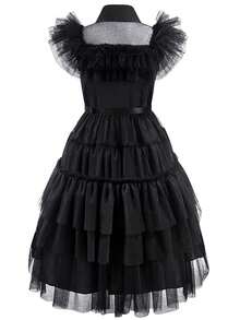 Girls Princess Dress Set With Belt, Wig, Eye Mask & Socks - Includes Chiffon Shirt Collar Black Outfit For TV Show Character, Halloween, Festival, Party, Birthday Costume - Black - View 2