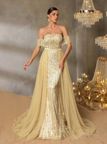 Faeriesty Faeriesty Elegant Off-Shoulder Evening Gown With Adjustable Back Tie Closure, Sheer Tulle Extensions & Dramatic Mermaid Silhouette - Perfect For Red Carpet Galas, Black-Tie Weddings, Opera Performances, Gala Dinners, High-Profile Charity Events