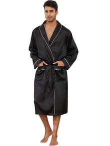 1pc-Men's Satin Robe Lightweight,Men's Luxurious Silk Kimono Bathrobe. - Black - View 6