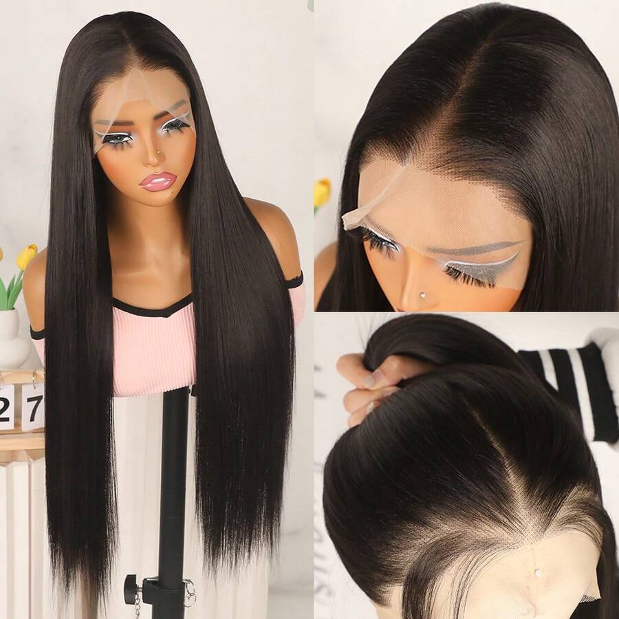 Glueless HD Lace Front Wigs Long Silky Straight Hair Natural Black Color 13x4 Transparent Lace Frontal Synthetic Lace Wigs Pre Plucked Baby Hair Natural Hairline Replacement Wigs For Women Girls Daily Party Wear Heat Resistant Fiber - 黑色 - 查看 1