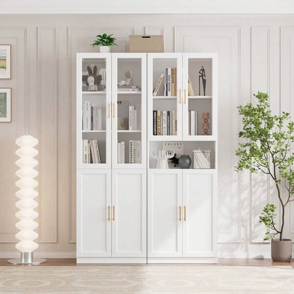 VOWNER VOWNER Bücherregal mit Glastüren mit verstellbaren Regalen, Vitrine, Modernes großes Aufbewahrungsvitrinen-Set für Home Office, Wohnzimmer, Weiß
