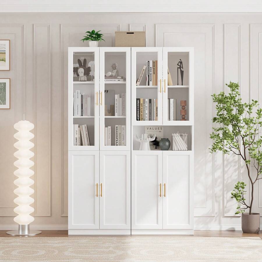 VOWNER Bookcase With Glass Doors And Adjustable Shelves, Display Cabinet, Modern Large Storage Display Cabinet Set For Home Office, Living Room, White - A+D - 查看 1