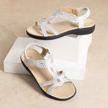 Women Flat Sandals Comfort Dressy Rhinestone Summer Sandals With Elastica Back Strap - 白色 - 查看 3