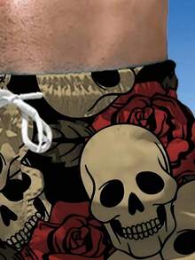 Skull & Rose Pattern Digital Print Men's Loose Plus Size Beach Shorts, Lightweight Sports Shorts Suitable For Summer Beach, Vacation, Surfing - Multicolor - View 3
