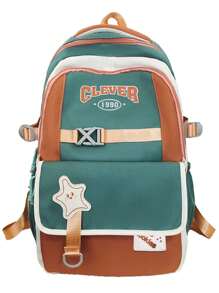 1 Pc American Retro Style Student Backpack.Large Capcity School Bag With Smiling Star Applique.Dual-Compartment Design With 'Cookies' Patch And Adjustable Padded Straps.Lightweight School Backpack.Lively Student Bag.Women's Backpack.Soft Fabric School Rucksack With Side Toggle Pockets.Back To School Supplies.Perfect For School,Back To School, Picnics Or Family Outings,Weekender.Summer Necessities.