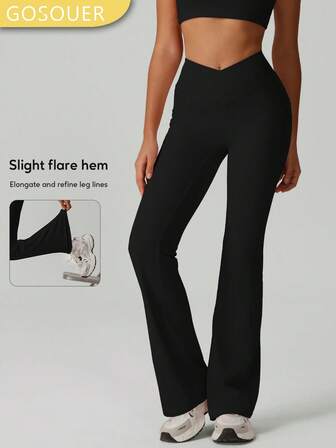 GOSOUER Pantaloni sportivi a zampa di donna con vita incrociata, senza cuciture frontali, tasche, effetto push up sui glutei, traspirante