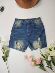 Damskie sprane, rozciągliwe legginsy z denimu z dziurami na letnie wakacje - Ciemny jeans - Zobacz 4