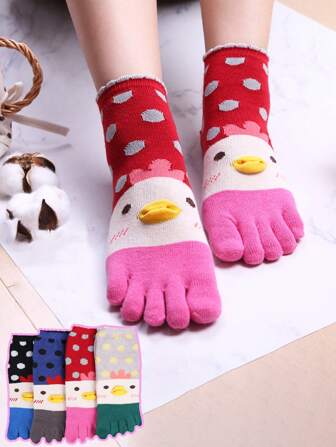1 Pair Colorful Cartoon Turkey Five Finger Mid-Calf Split Toe Socks, Suitable For Daily Wear, Party, Performance Matching, Gift