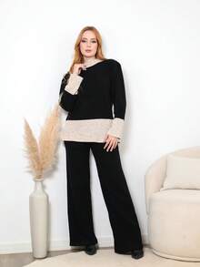 Oversize Knit Set In Plain Mousse Yarn With Striped Detail On The Hem, Autumn Winter - Black - View 1