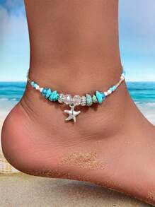 1pc Bohemian Handmade Turquoise Beaded Chain Silver Charm Anklets Summer Holiday Beach Foot Jewelry