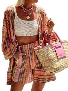 2pcs Fashion Allover Print Loose Top & Shorts Set, All Over Striped Bohemian Woven Fabric, Elegant Casual Vacation Outfit, Suitable For Spring & Summer