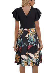Women's Semi-Formal Ruffle Sleeve V-Back Work Fit And Flare Cocktail Knee Length Dress With Pockets, 2025 Style - 黑黃 - 查看 2