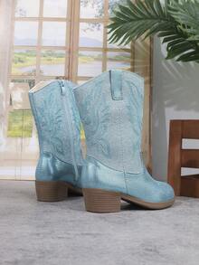 1pc Girls' Western Embroidered Fashion Mid-Calf Boots, Pointed Toe Chunky Heel Side Zipper Lightweight Gold Knight Boots, Suitable For Toddler/Little Kid, Party, School, Vacation, Walking, Costume, Easter/Christmas - Blue - View 9